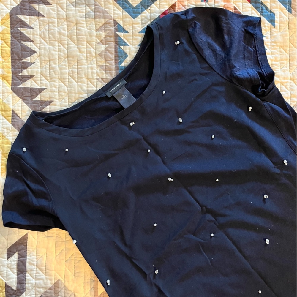 Ann Taylor Navy Beaded Blouse